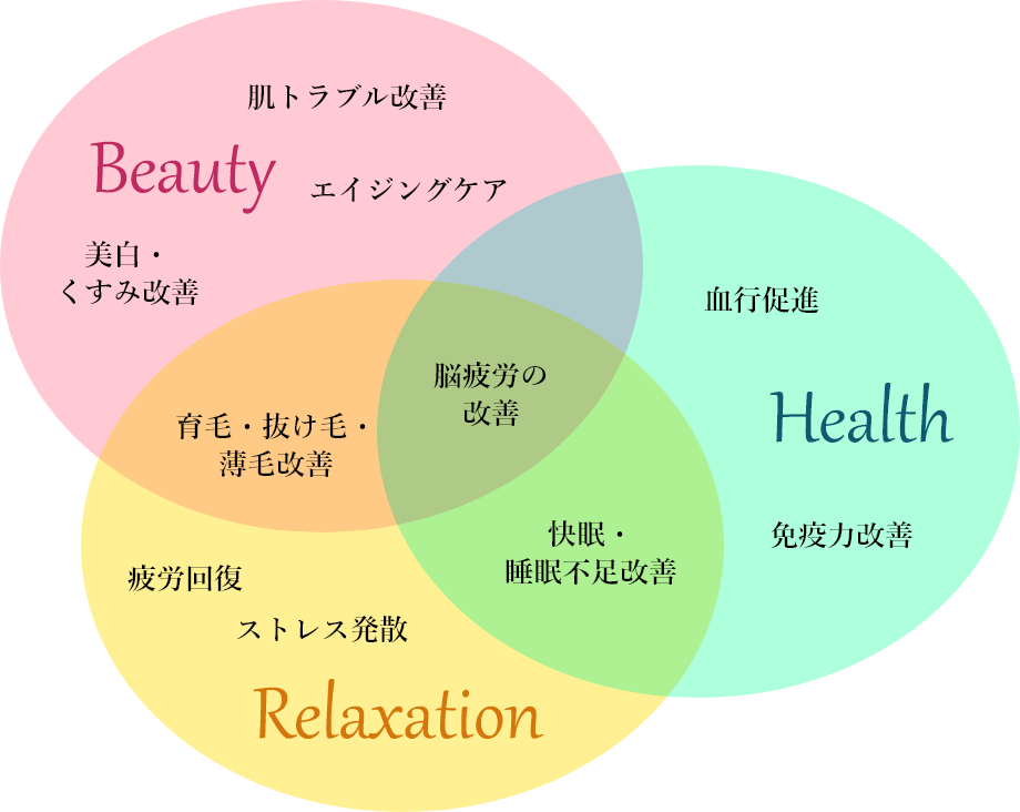 肌トラブル改善、エイジングケア、美白・くすみ改善、育毛・抜け毛・薄毛改善・脳疲労の改善、血行促進、免疫力改善、快眠・睡眠不足改善、疲労回復、ストレス発散